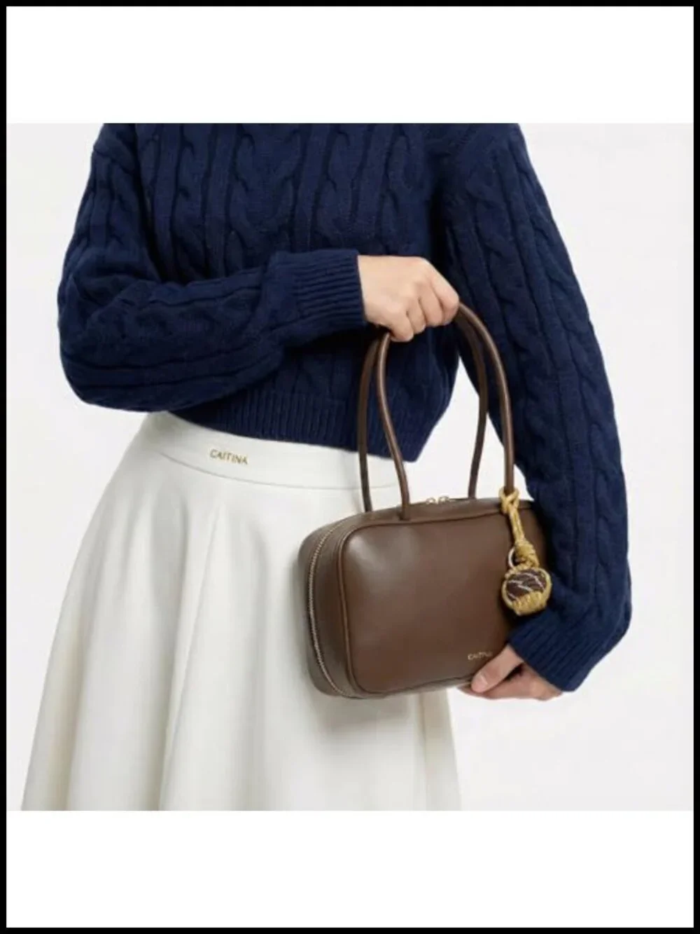 Vegan Leather Retro Shoulder Bag with Decorative Pendant, Compact Top-Handle